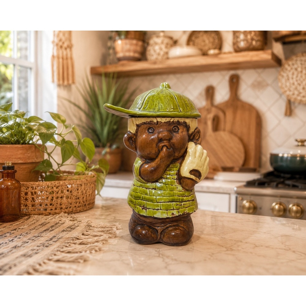 Vintage Cookie Jar Baseball Boy Large Green Brown Ceramic‎ Sports Decor